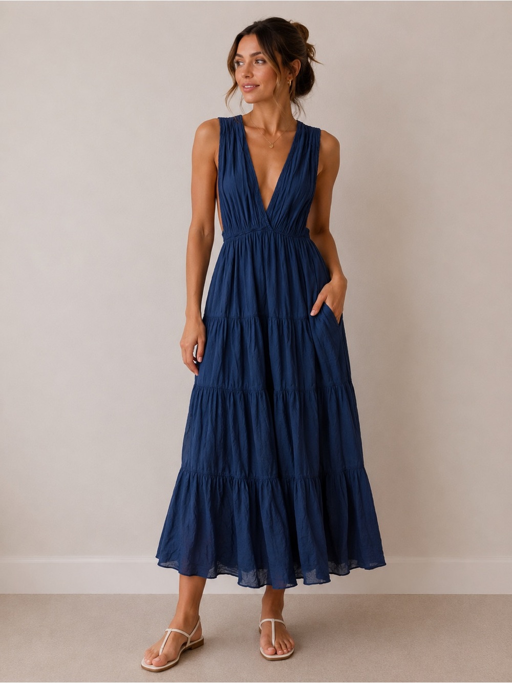 Cherry Blue Made in Italy Navy Cotton Tiered V Neck Maxi Dress Small